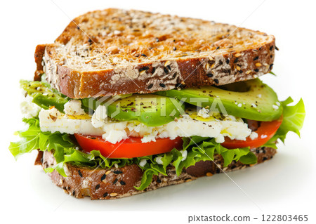 Whole grain toast with avocado and feta cheese, isolated on white 122803465