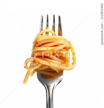 spaghetti rolled on fork with sauce 122803468