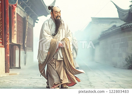 Lao Tzu walks through a bustling Chinese city in the 6th century BC amidst traditional architecture 122803483