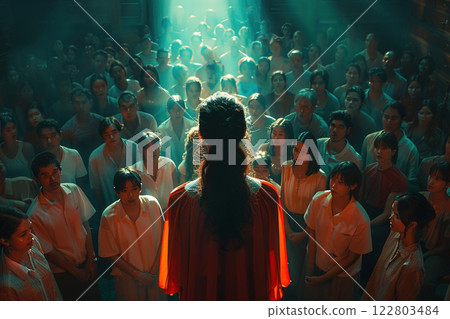 Fanatic crowd control, cult manipulation of people. A group of people obediently submitting to authority. 122803484