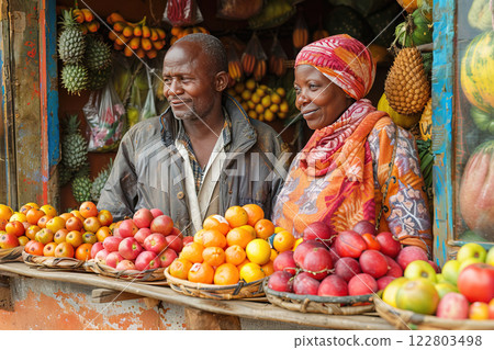 African stall with exotic tropical fresh fruits, sellers Africans smiling friendly. 122803498