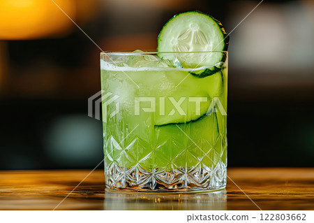 Fresh Cucumber water drink on wooden table 122803662