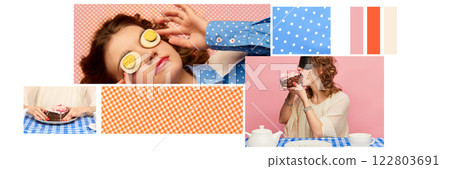 Banner. Vision board. Playful food scene blending textures, colors, and quirky styling, featuring polka-dot patterns, pastel tones, and creative approach to composition. Banner. Vision board. Playful food scene blending textures, colors, and quirky styling, featuring polka-dot patterns, pastel tones, and creative approach to composition. 122803691