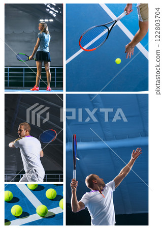 Creative moodboard. Tennis players competing indoors, executing dynamic shots with powerful swings, focusing on precision, agility, and strategic play under bright lights. 122803704