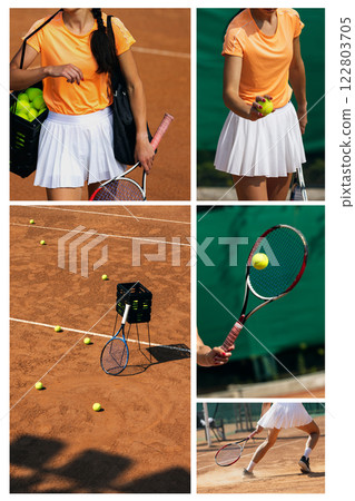 Creative moodboard. Tennis player practicing on court, focusing on movement, precision, and control while training with racket and balls under bright sunlight. 122803705