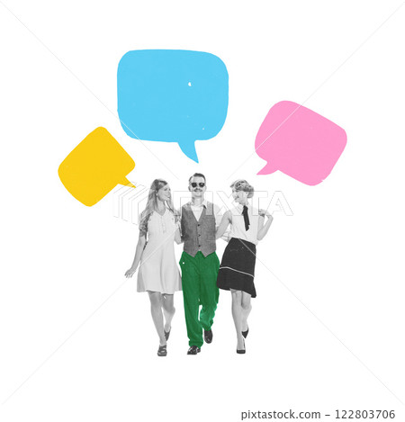 Conceptual art collage. Man walking between two women, all engaged in conversation, surrounded by speech bubbles, representing social interaction and shared thoughts. Conceptual art collage. Man walking between two women, all engaged in conversation, surrounded by speech bubbles, representing social interaction and shared thoughts. 122803706