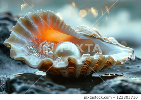 Pearl jewelry, luxury background with elegant shell. Fashion beautiful gemstone, mother-of-pearl shine. 122803710