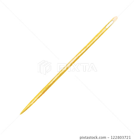 Watercolor clip art of metallic golden sewing needle with detailed texture. Ideal for crafting, embroidery, tailoring, DIY projects, creative designs, sewing kits, handmade art, textile-related themes 122803721