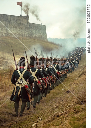 Prussian infantry advances during the Battle of Hohenfriedberg in a dramatic historical reenactment 122803732