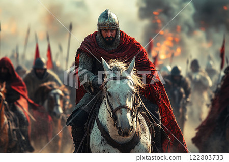 Crusaders battle Saracens led by Saladin during siege of Constantinople 122803733