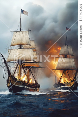 Battle between American frigate USS Constellation and French frigate LInsurgente in 1799 122803905
