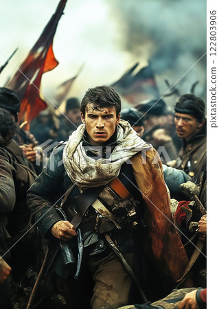 Dramatic portrayal of soldiers in the Battle of Denain amidst chaos of war 122803906