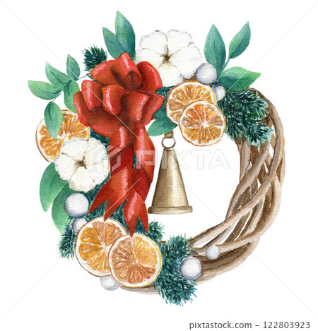 Christmas wreath with fir branches, cotton, bell, red bow, dry orange mug, pearl beads, watercolor illustration. Isolated element on white background. Christmas wreath with fir branches, cotton, bell, red bow, dry orange mug, pearl beads, watercolor illustration. Isolated element on white background. 122803923