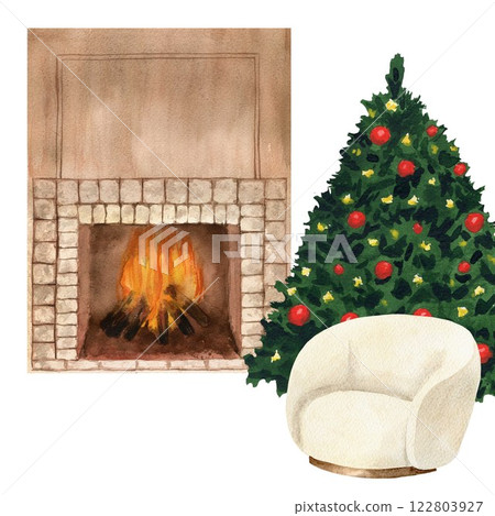 Cozy watercolor fireplace with open fire, Christmas tree and beige armchair. Watercolor painting on white background, soft evening light, isolated Cozy watercolor fireplace with open fire, Christmas tree and beige armchair. Watercolor painting on white background, soft evening light, isolated 122803927