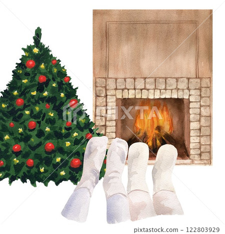 Cozy watercolor fireplace with open fire, Christmas tree and legs of a lying guy and a girl in knitted socks. Painting on white background, isolated 122803929