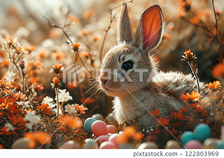 Robot rabbit exoskeleton among colorful chicken eggs in vibrant flowers for Easter celebration 122803969