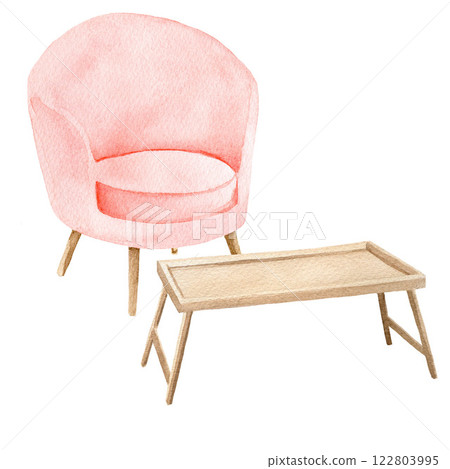 Vintage red cozy armchair with wooden folding bed tray table, isolated on white background. Hand drawn watercolor illustration for design, decor Vintage red cozy armchair with wooden folding bed tray table, isolated on white background. Hand drawn watercolor illustration for design, decor 122803995