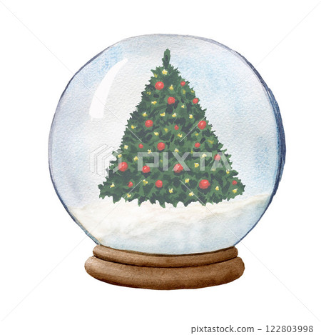 Christmas snow globe with Christmas tree. Watercolor painting on white background, isolated. Watercolor illustration for design, posters, postcards Christmas snow globe with Christmas tree. Watercolor painting on white background, isolated. Watercolor illustration for design, posters, postcards 122803998