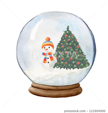 Christmas snow globe with Christmas tree and snowman. Watercolor painting on white background, isolated. Watercolor illustration for design, posters Christmas snow globe with Christmas tree and snowman. Watercolor painting on white background, isolated. Watercolor illustration for design, posters 122804000