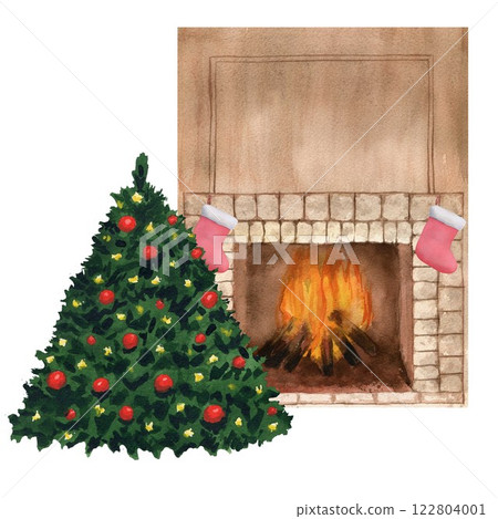 Cozy watercolor fireplace with open fire, Christmas tree and Christmas socks. Watercolor painting on white background, evening light, isolated Cozy watercolor fireplace with open fire, Christmas tree and Christmas socks. Watercolor painting on white background, evening light, isolated 122804001