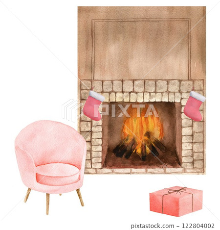 Cozy watercolor fireplace with open fire, Christmas socks, red armchair and gift box. Watercolor painting on white background, evening light, isolated 122804002
