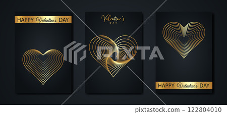 Valentine's day set card. Gold wireframe hearts symbol. Minimalist Holiday poster in black background. Golden luxury concept for banner, flyer, party invitation, jewelry gift shop Valentine's day set card. Gold wireframe hearts symbol. Minimalist Holiday poster in black background. Golden luxury concept for banner, flyer, party invitation, jewelry gift shop 122804010