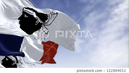 Flags of Corsica waving in the wind on a clear day 122804012