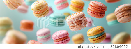 Macarons colorful levitate floating, dessert french pastry with cream crumbs, close up blurred background. 122804022