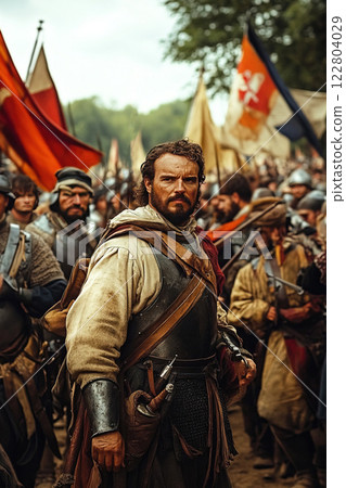 Anglo French War historical reenactment with soldiers in battle attire from 1202 to 1214 Anglo French War historical reenactment with soldiers in battle attire from 1202 to 1214 122804029