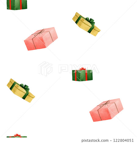 Seamless watercolor pattern with red, yellow, green gift boxes with ribbons and bows. Handmade watercolor illustration on white background for textile Seamless watercolor pattern with red, yellow, green gift boxes with ribbons and bows. Handmade watercolor illustration on white background for textile 122804051