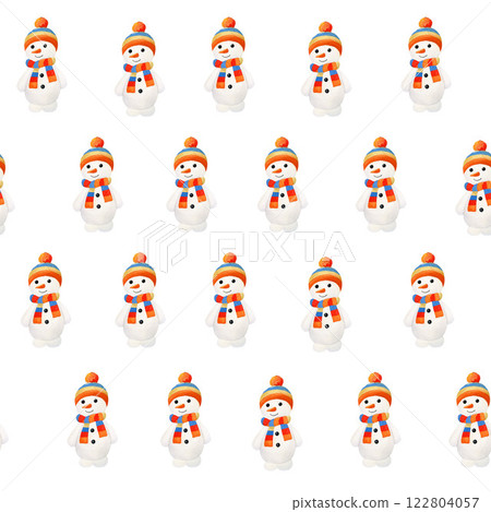 Seamless pattern with snowman in striped knitted scarf and hat. Watercolor illustration on white background. For wrapping paper, packaging, fabric Seamless pattern with snowman in striped knitted scarf and hat. Watercolor illustration on white background. For wrapping paper, packaging, fabric 122804057