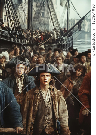 Historic depiction of colonists gathered at harbor before Boston Tea Party event 122804086