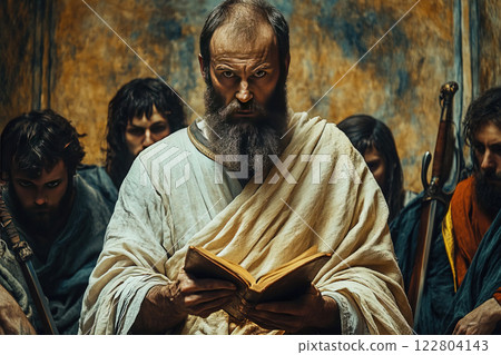 Apostle Paul prays with his disciples in a historical setting during the early Christian era 122804143