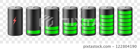 Battery charge indicator. Realistic isolated elements on transparent background. accumulator charging progress. Electronic device voltage status. Discharged 3d object. Vector concept 122804190