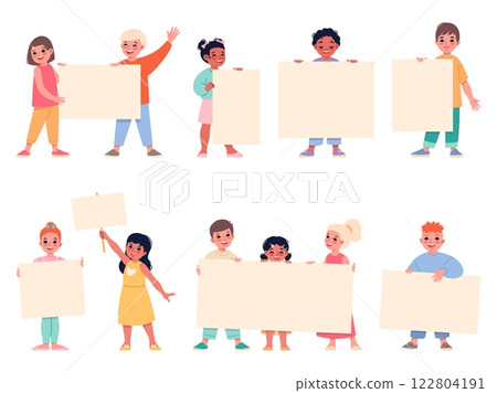 Cartoon children holding banners. Cute kids with blank boards and empty placards standing, different poses, funny boys and girls showing billboard, clean posters, vector cartoon flat set Cartoon children holding banners. Cute kids with blank boards and empty placards standing, different poses, funny boys and girls showing billboard, clean posters, vector cartoon flat set 122804191