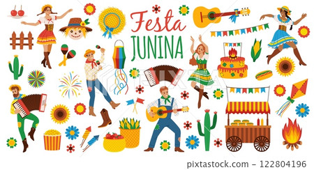 Festa junina elements. Brazil holiday, traditional harvest festival, happy dancing people, party and event participants, folk decorations cartoon flat style isolated tidy vector set Festa junina elements. Brazil holiday, traditional harvest festival, happy dancing people, party and event participants, folk decorations cartoon flat style isolated tidy vector set 122804196
