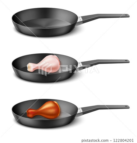 Pan fried chicken leg preparation. Realistic empty teflon non-stick cookware, fried turkey or poultry, food cooking process and stages, meat ingredient. Vector concept isolated 122804201