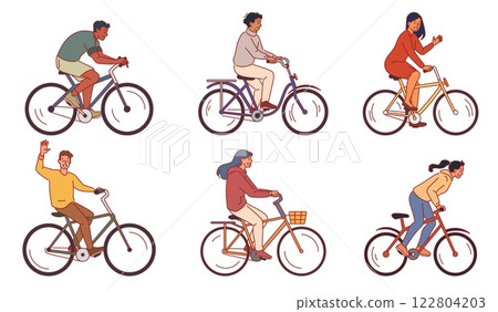 People ride bicycles. Happy men and women travel on two wheeled bikes, active lifestyle, eco transport, city cyclists characters, citizens, sport cartoon flat style isolated vector set 122804203
