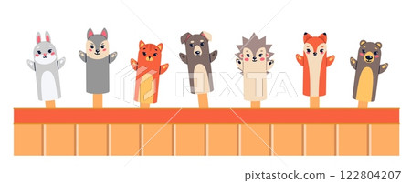 Set hand puppets animals. theater actor toys, bear fox and rabbit, forest characters. Childish entertainment show. Marionettes on fingers. Cartoon flat style isolated vector concept 122804207