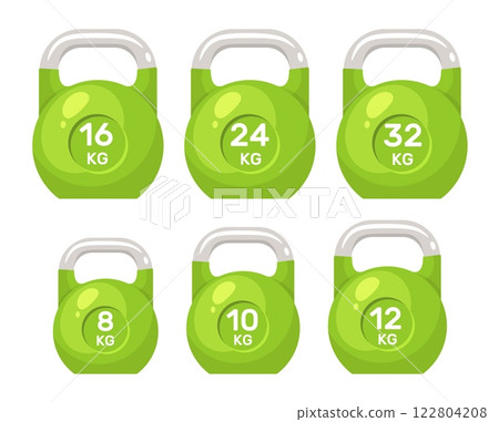 Set kettlebells with different weights. Fitness, workout or bodybuilding equipment. Gum symbol. Green dumbbell graphic icons. Sport training tools. Cartoon flat style isolated vector set Set kettlebells with different weights. Fitness, workout or bodybuilding equipment. Gum symbol. Green dumbbell graphic icons. Sport training tools. Cartoon flat style isolated vector set 122804208
