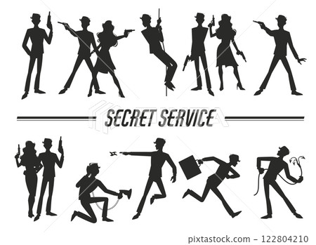 Set of silhouettes of male and female secret service personnel. Isolated decorative elements. Spy man and woman with gun standing and running. Superhero characters. Vector concept Set of silhouettes of male and female secret service personnel. Isolated decorative elements. Spy man and woman with gun standing and running. Superhero characters. Vector concept 122804210