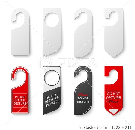 Set sign templates do not disturb. Realistic mockup, empty blank labels, simple design for hotel or business lock door. White cardboard tags hanging. Information boards. Vector set Set sign templates do not disturb. Realistic mockup, empty blank labels, simple design for hotel or business lock door. White cardboard tags hanging. Information boards. Vector set 122804211