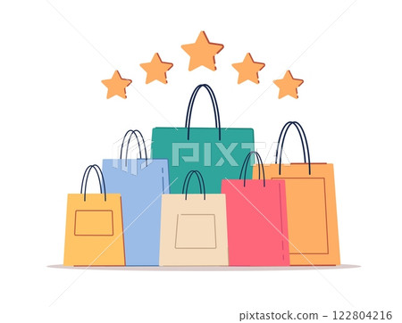 Shopping bags. Different colorful package for gifts and purchases. Paper handbag for fashion shop. Five golden stars. Service rating and store. Cartoon flat style isolated vector concept 122804216