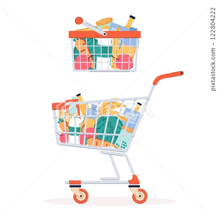 Supermarket cart and basket groceries. fruits and vegetables, cold drinks in bottles. Milk and meat products, canned food. Cartoon flat style isolated vector delivery and shopping concept Supermarket cart and basket groceries. fruits and vegetables, cold drinks in bottles. Milk and meat products, canned food. Cartoon flat style isolated vector delivery and shopping concept 122804222