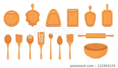 Wooden kitchen utensils. Different kitchenware, natural materials dishes, cutting boards for food chopping, spoons and spatulas, rolling pin nowaday vector cartoon flat isolated illustration set 122804229