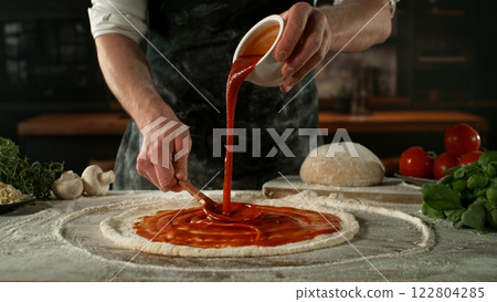 Closeup of Chef Making Pizza in Restaurant . Closeup of Pizza Preparation 122804285