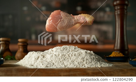 Freeze Motion of Falling Raw Chicken Leg into Flour . Closeup of Meat Preparation 122804290
