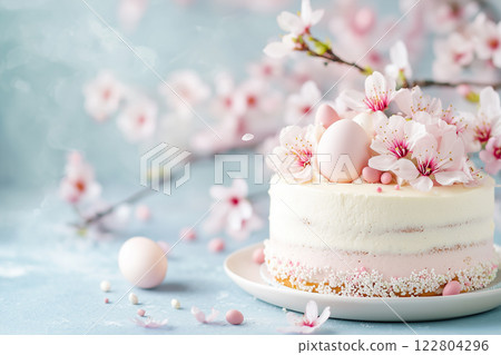 spring cake, Easter cake with sakura tree flowers 122804296