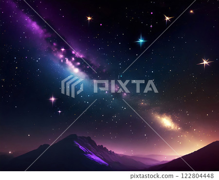 Night sky with nebula and mountain range background. AI generated image. 122804448
