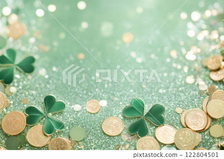 St. Patricks Day clovers and gold coins on green glitter background St. Patricks Day clovers and gold coins on green glitter background 122804501